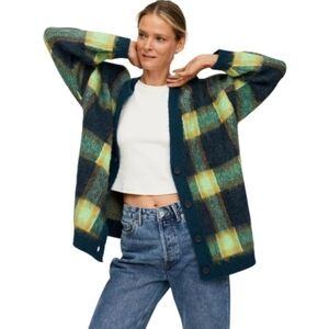 Mango Oversized Fuzzy Textured Check Plaid Cardigan Grandmacore Indie Sz XS